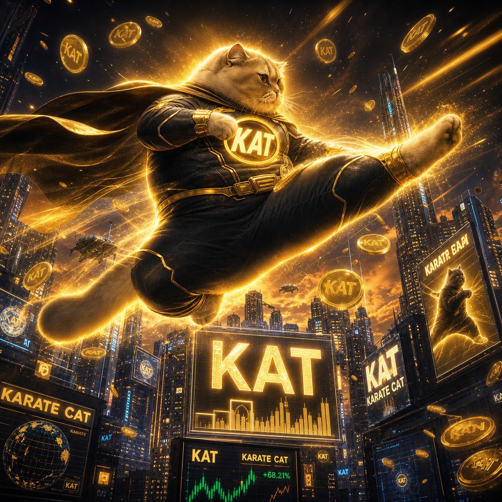 KAT flying over a futuristic city filled with KAT signs